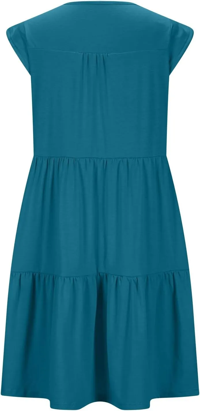 Women's Casual Dresses Summer Tiered Beach Vacation Ruched Sundress A-Line Sleeveless Mini Tank Dress with Pockets