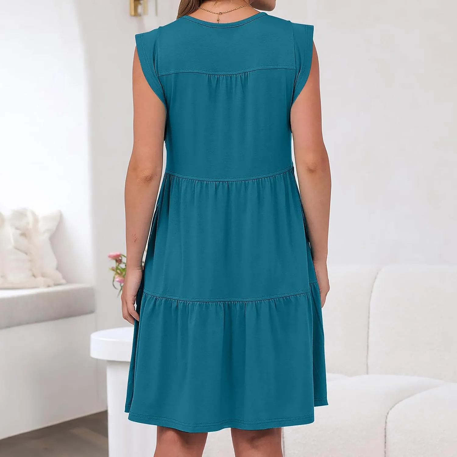 Women's Casual Dresses Summer Tiered Beach Vacation Ruched Sundress A-Line Sleeveless Mini Tank Dress with Pockets