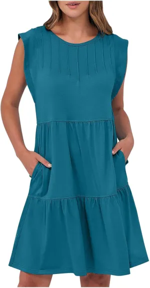 Women's Casual Dresses Summer Tiered Beach Vacation Ruched Sundress A-Line Sleeveless Mini Tank Dress with Pockets