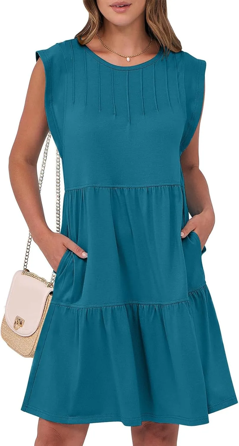 Women's Casual Dresses Summer Tiered Beach Vacation Ruched Sundress A-Line Sleeveless Mini Tank Dress with Pockets