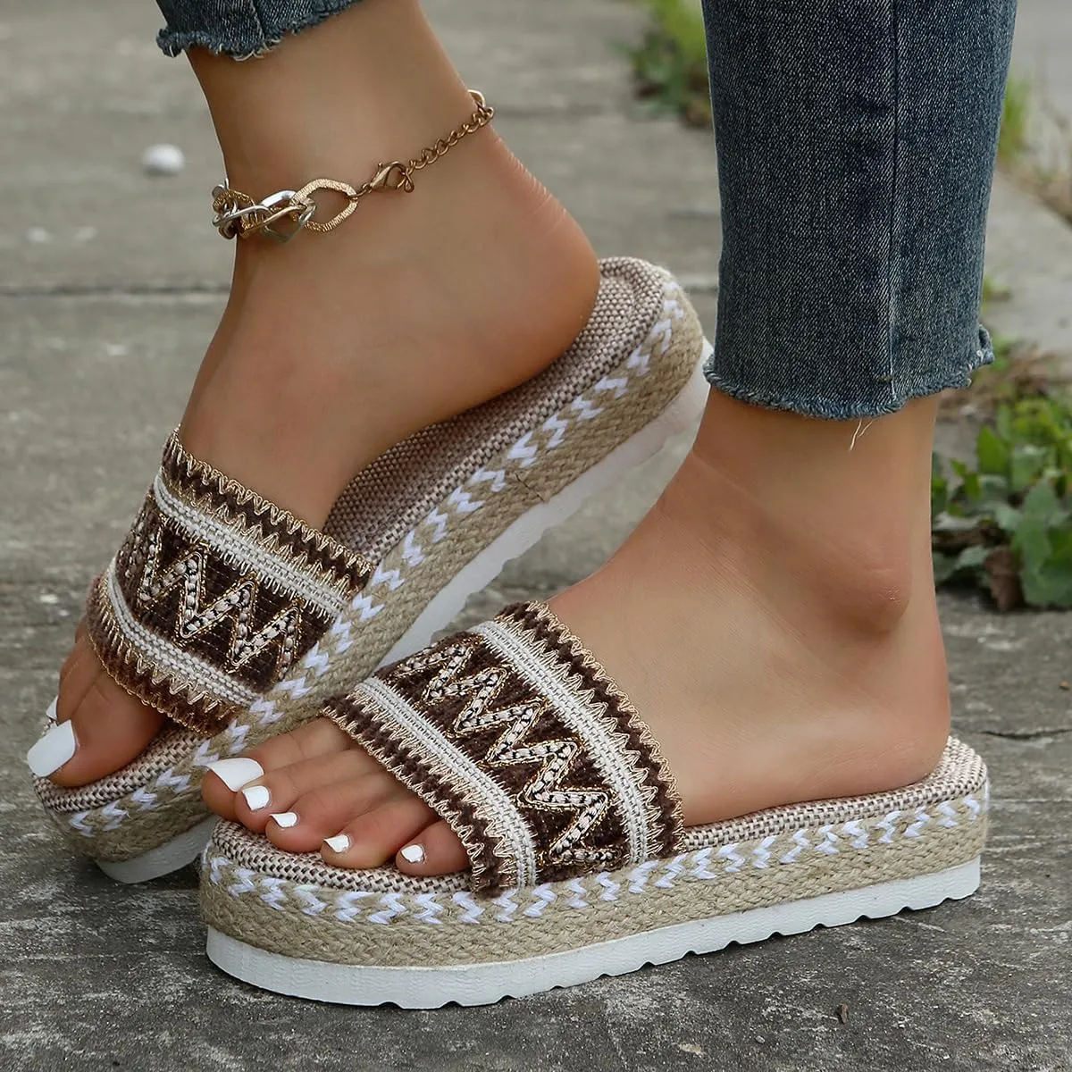Women's Ethnic Style Thick Sole Woven Holiday Slippers, Hemp Rope Platform Slippers, Boho Ladies Braided Slippers, Casual Platform Sandals Relieve Foot Fatigue (Black,38)