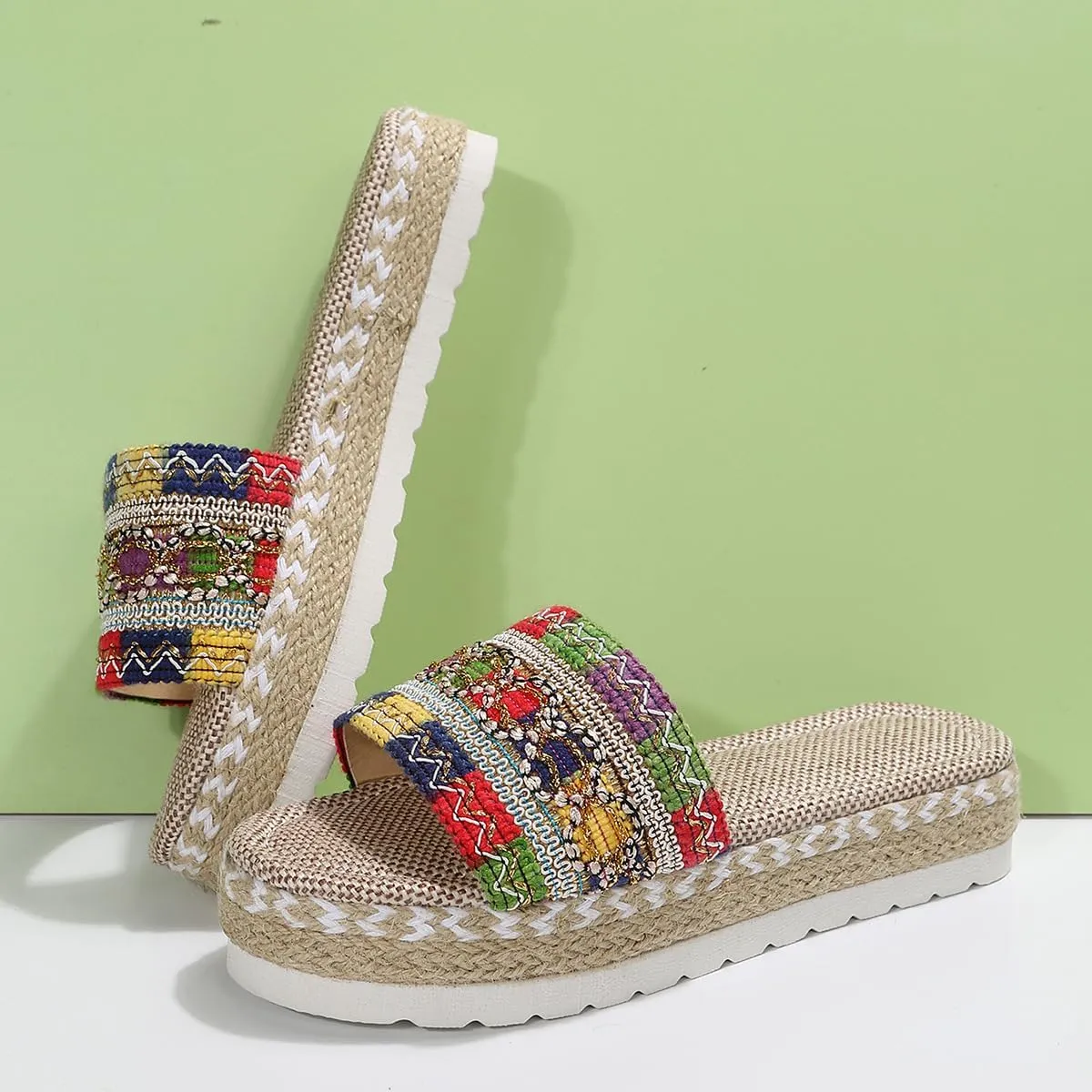 Women's Ethnic Style Thick Sole Woven Holiday Slippers, Hemp Rope Platform Slippers, Boho Ladies Braided Slippers, Casual Platform Sandals Relieve Foot Fatigue (Black,38)