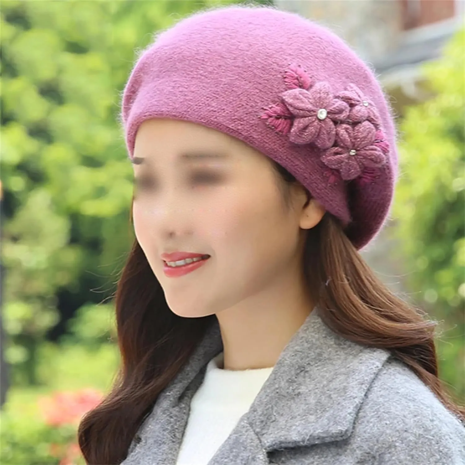 Women's Fashion Flowers Beret Hat Girl's Winter Warm Double Layers Knit Beanie Casual Solid Color Outdoor Cold Weather Hat