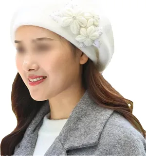 Women's Fashion Flowers Beret Hat Girl's Winter Warm Double Layers Knit Beanie Casual Solid Color Outdoor Cold Weather Hat