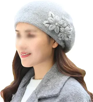 Women's Fashion Flowers Beret Hat Girl's Winter Warm Double Layers Knit Beanie Casual Solid Color Outdoor Cold Weather Hat