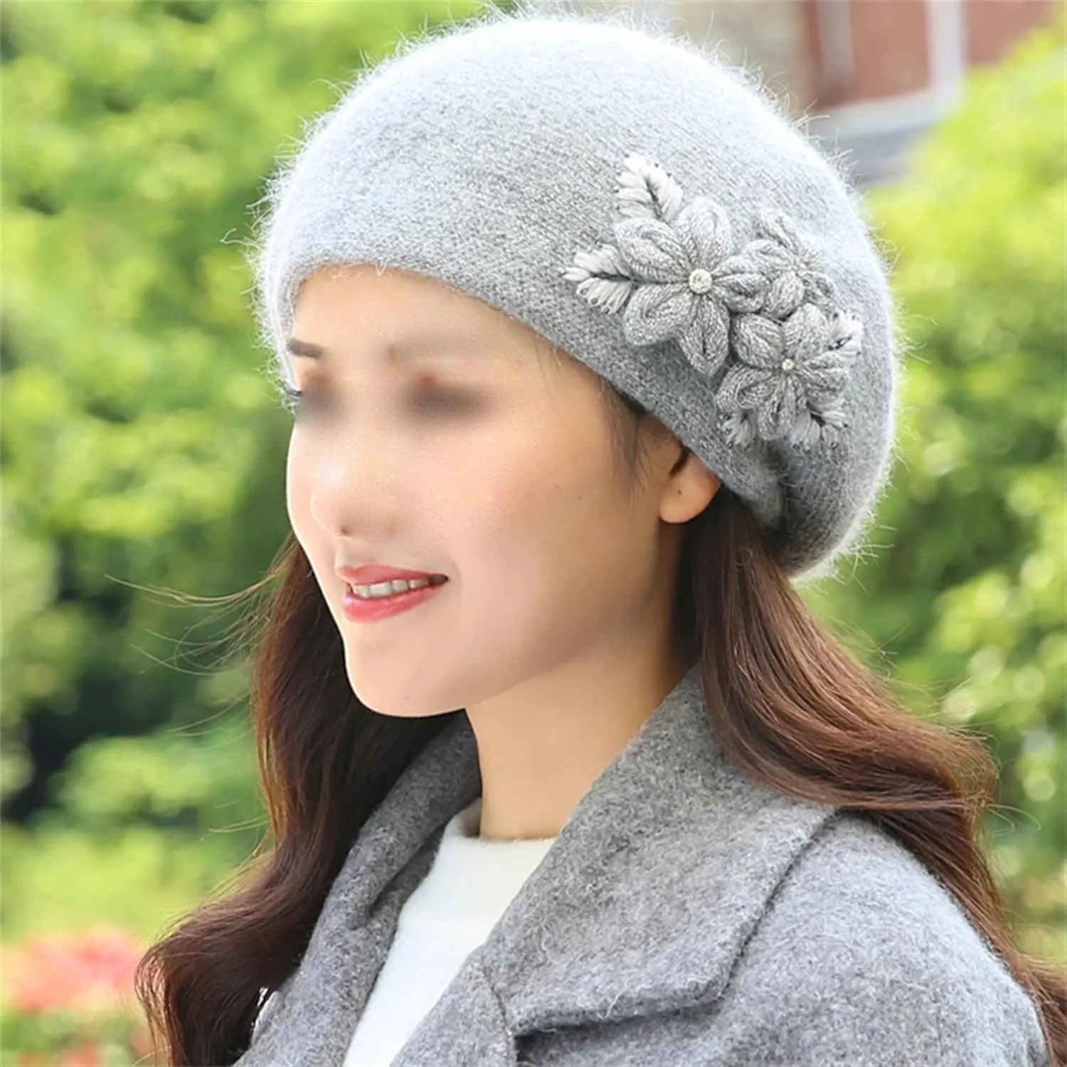 Women's Fashion Flowers Beret Hat Girl's Winter Warm Double Layers Knit Beanie Casual Solid Color Outdoor Cold Weather Hat