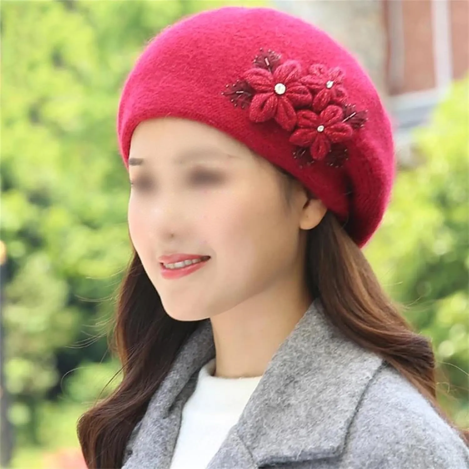 Women's Fashion Flowers Beret Hat Girl's Winter Warm Double Layers Knit Beanie Casual Solid Color Outdoor Cold Weather Hat