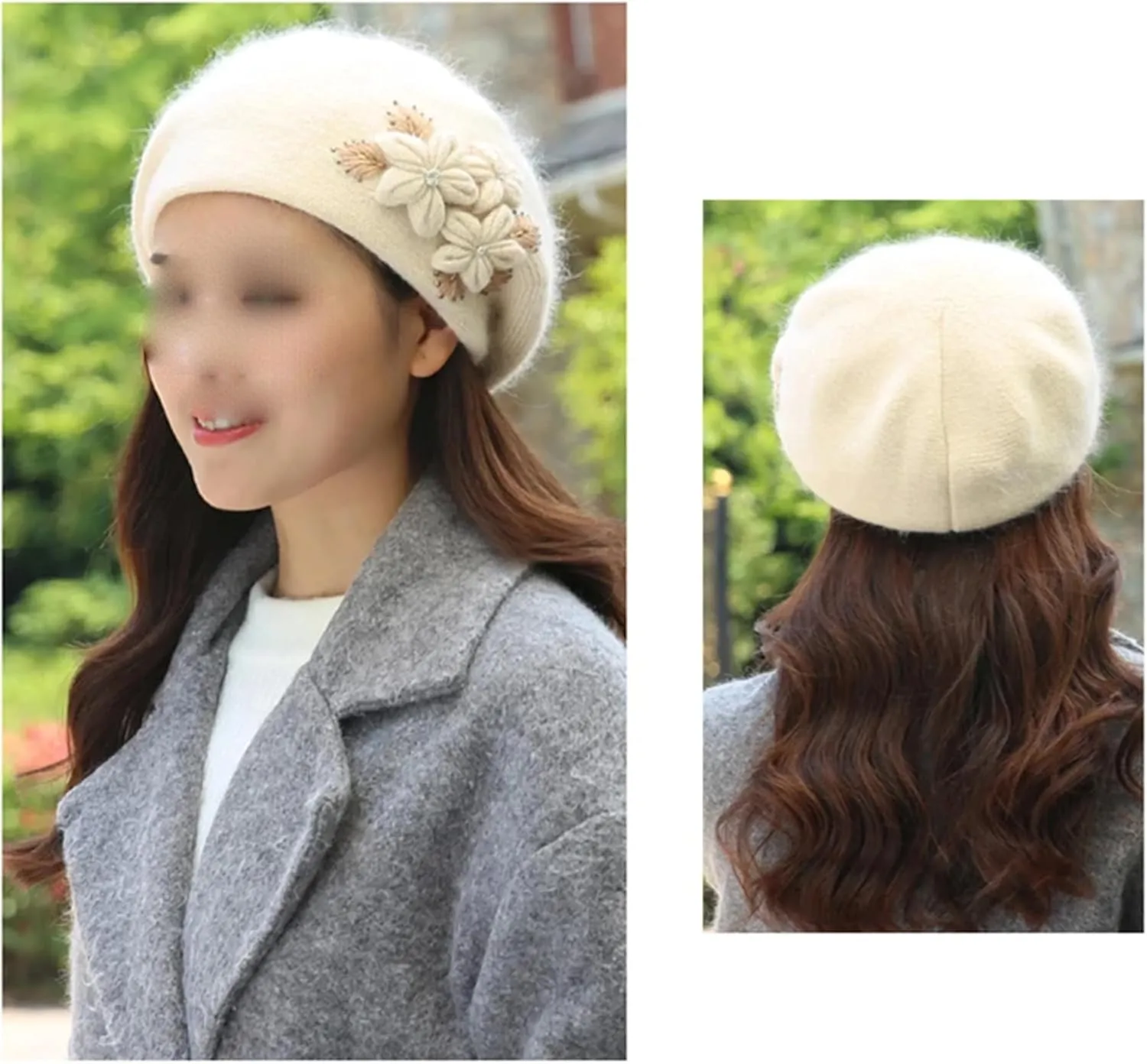 Women's Fashion Flowers Beret Hat Girl's Winter Warm Double Layers Knit Beanie Casual Solid Color Outdoor Cold Weather Hat