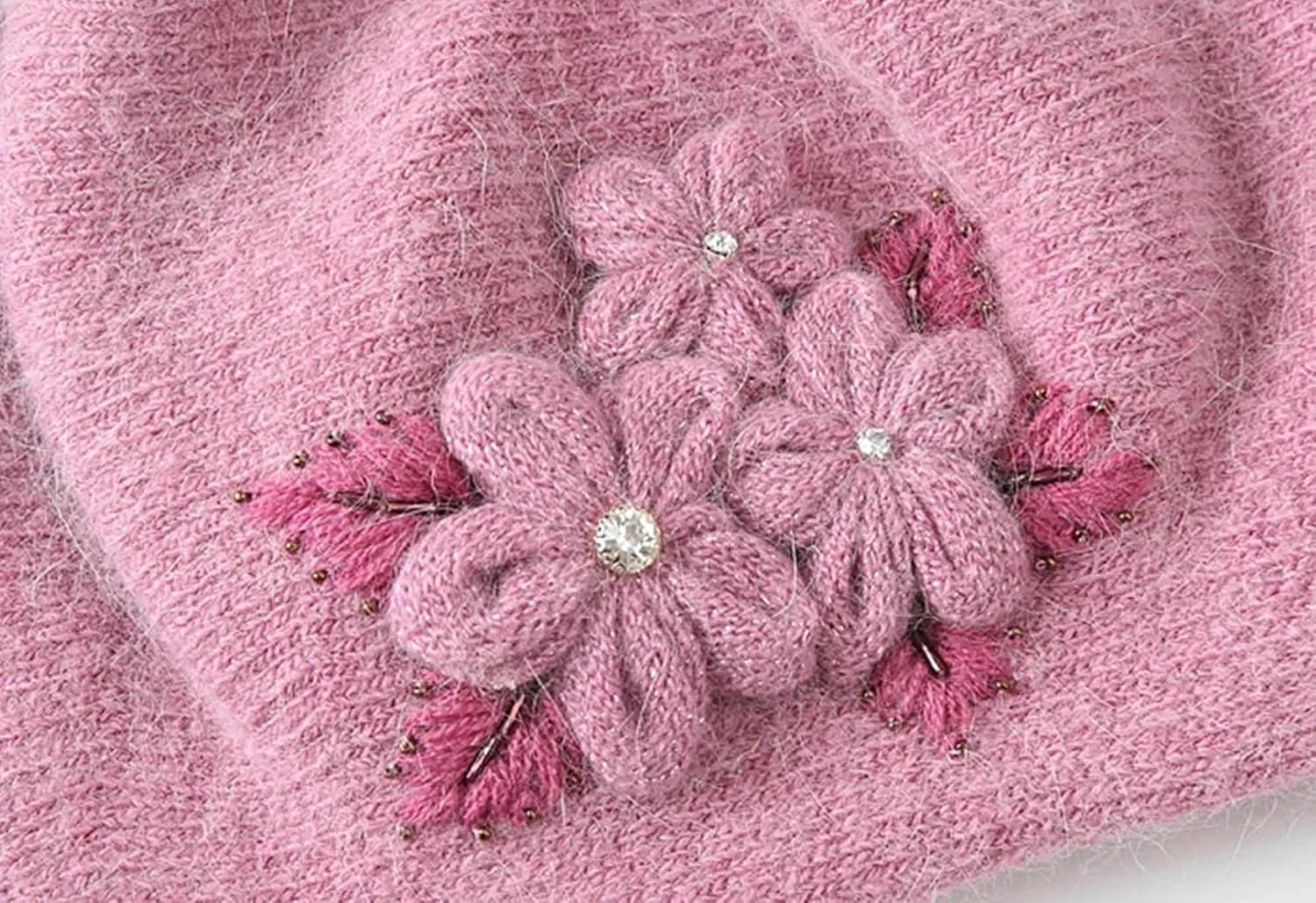 Women's Fashion Flowers Beret Hat Girl's Winter Warm Double Layers Knit Beanie Casual Solid Color Outdoor Cold Weather Hat