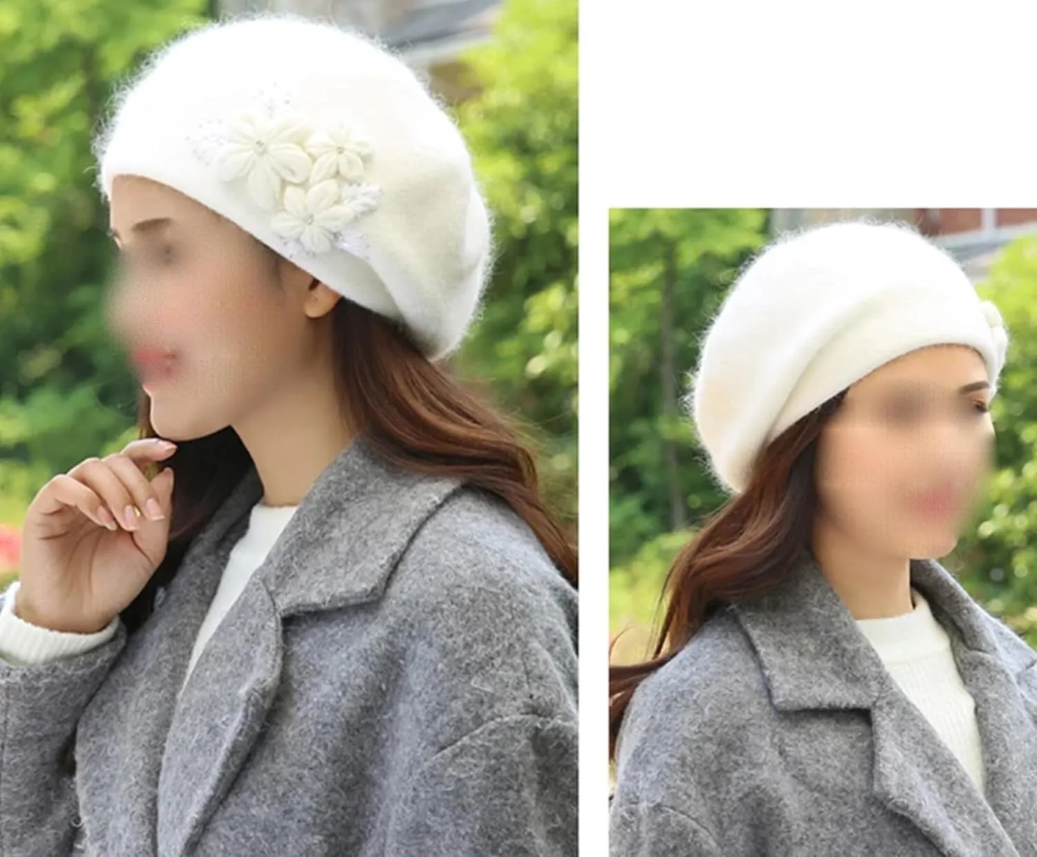Women's Fashion Flowers Beret Hat Girl's Winter Warm Double Layers Knit Beanie Casual Solid Color Outdoor Cold Weather Hat