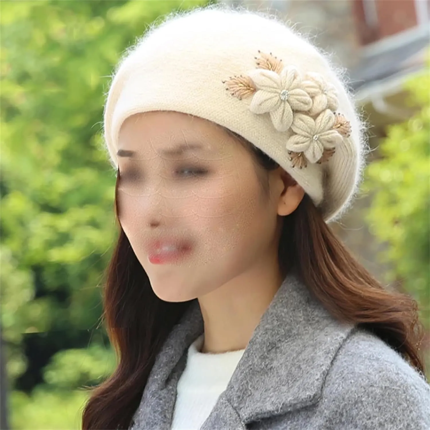 Women's Fashion Flowers Beret Hat Girl's Winter Warm Double Layers Knit Beanie Casual Solid Color Outdoor Cold Weather Hat