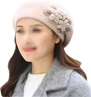 Women's Fashion Flowers Beret Hat Girl's Winter Warm Double Layers Knit Beanie Casual Solid Color Outdoor Cold Weather Hat