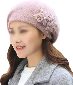 Women's Fashion Flowers Beret Hat Girl's Winter Warm Double Layers Knit Beanie Casual Solid Color Outdoor Cold Weather Hat