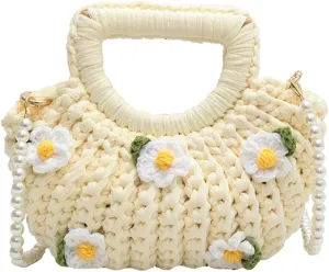 Women's Handmade Purses Tote Bag Cotton Thread Crochet Crossbody Shoulder Bag DIY Knit Woven Handbag Shell Clutch