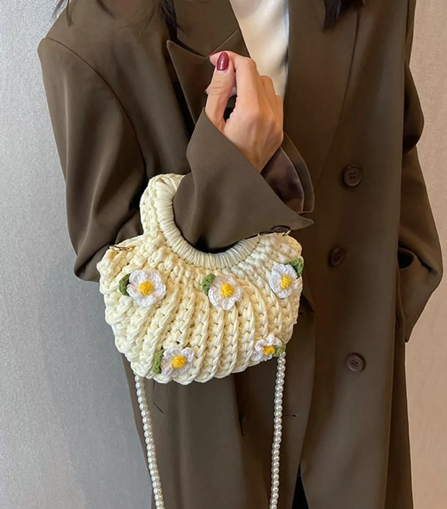 Women's Handmade Purses Tote Bag Cotton Thread Crochet Crossbody Shoulder Bag DIY Knit Woven Handbag Shell Clutch