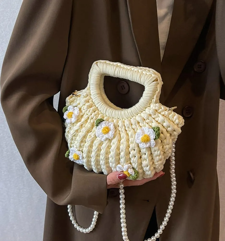 Women's Handmade Purses Tote Bag Cotton Thread Crochet Crossbody Shoulder Bag DIY Knit Woven Handbag Shell Clutch
