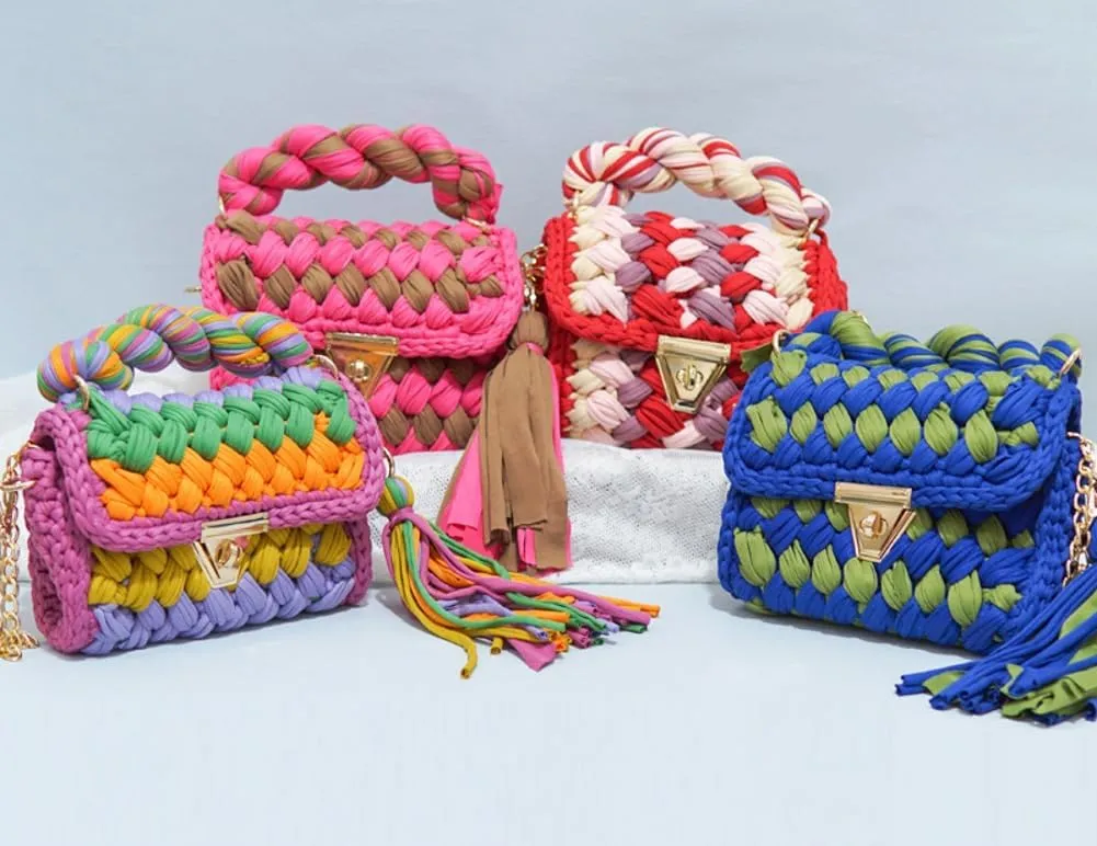 Women's Handwoven Tote Chunky Yarn Crochet Crossbody Shoulder Bag DIY Knot Purse Knit Woven Handbag Evening Clutch