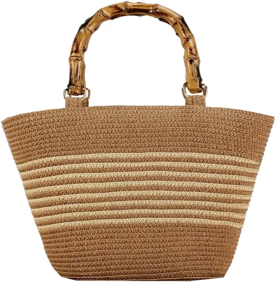 Womens Large Straw Tote Bag Bamboo Handle Handmade Woven Beach Shoulder Bag Top Handle Purse for Summer