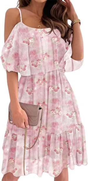 Women's Pink Floral Print Off Shoulder Mini Dress 2025 Summer Casual Ruffled Micro Pleated Hem Layered Ruffle Dress