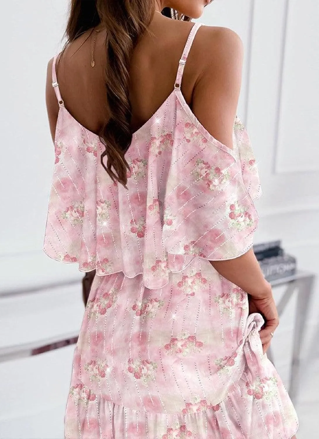 Women's Pink Floral Print Off Shoulder Mini Dress 2025 Summer Casual Ruffled Micro Pleated Hem Layered Ruffle Dress