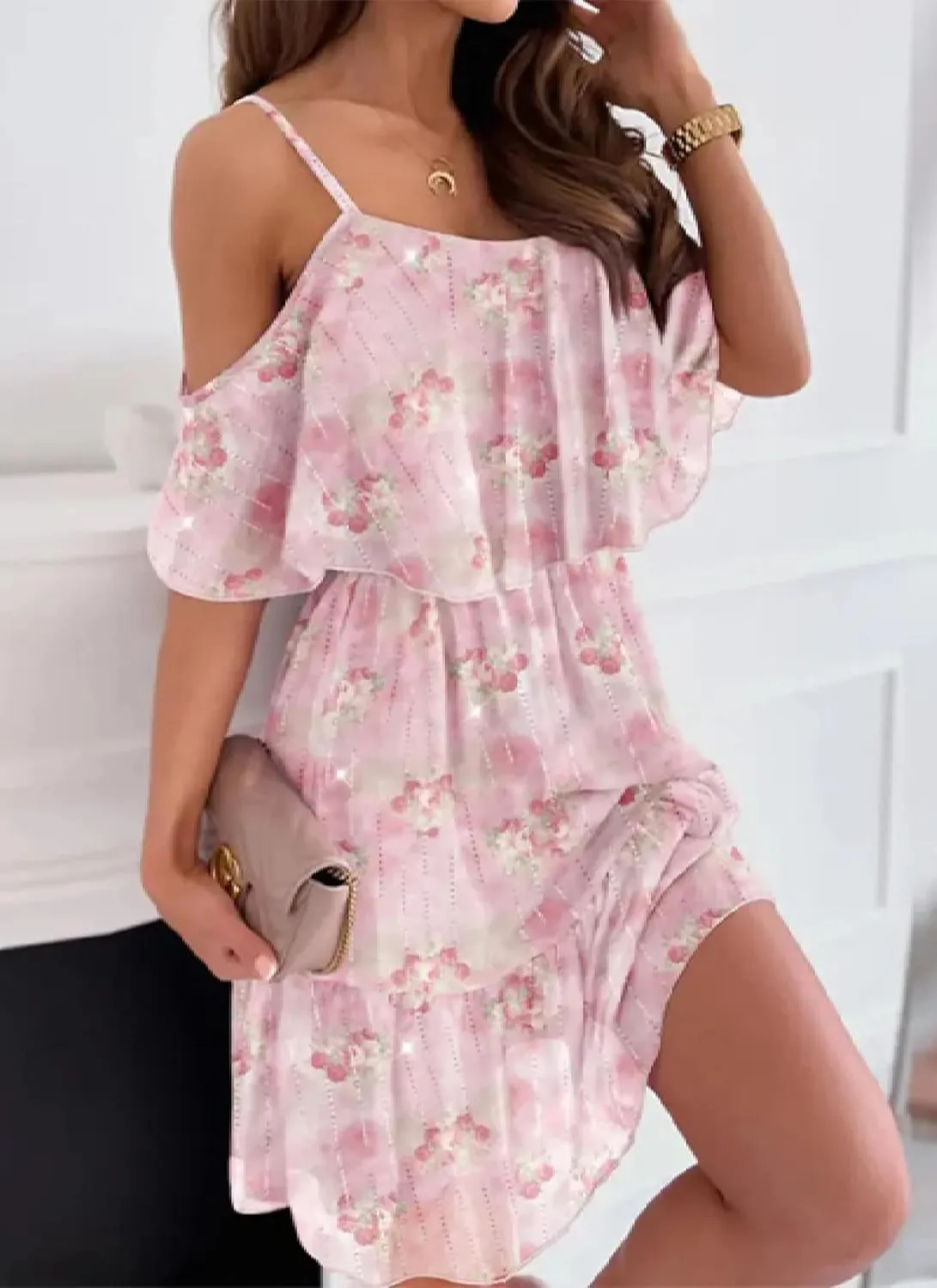 Women's Pink Floral Print Off Shoulder Mini Dress 2025 Summer Casual Ruffled Micro Pleated Hem Layered Ruffle Dress