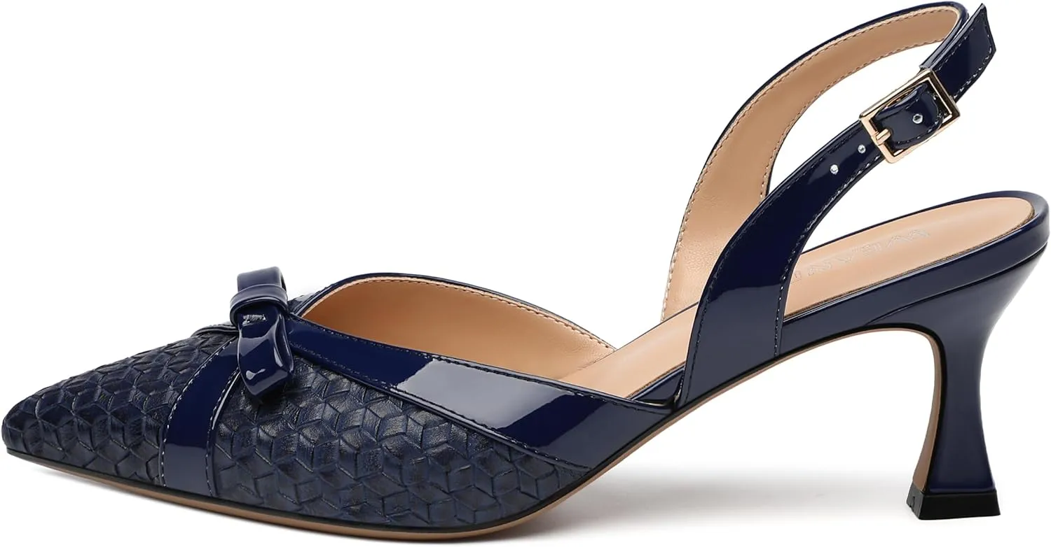 Women's Pointed Toe Buckle Slingback Shoes, Kitten Low Heel Woven Pumps for Women, Shallow Shoes for Party,Date,Office