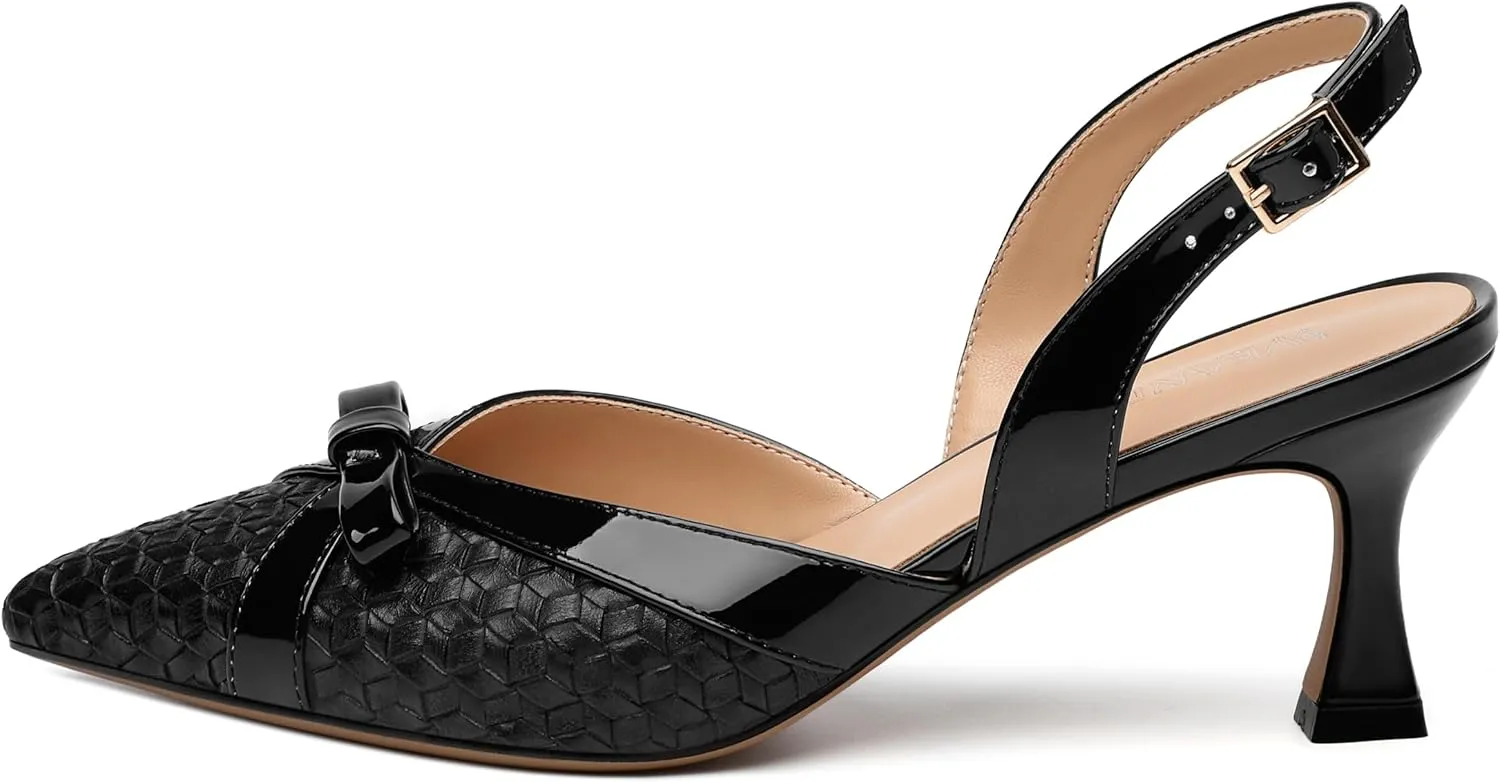 Women's Pointed Toe Buckle Slingback Shoes, Kitten Low Heel Woven Pumps for Women, Shallow Shoes for Party,Date,Office