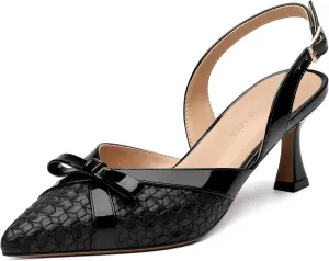 Women's Pointed Toe Buckle Slingback Shoes, Kitten Low Heel Woven Pumps for Women, Shallow Shoes for Party,Date,Office