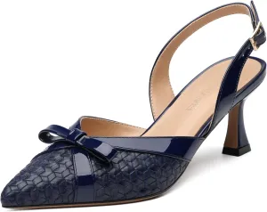 Women's Pointed Toe Buckle Slingback Shoes, Kitten Low Heel Woven Pumps for Women, Shallow Shoes for Party,Date,Office