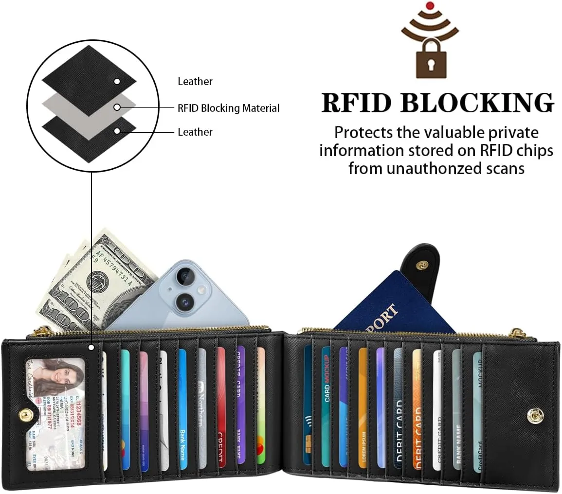 Womens RFID Blocking Large Capacity Wallet Multi Card Organizer Bifold Wallet for Women with Zipper Pocket