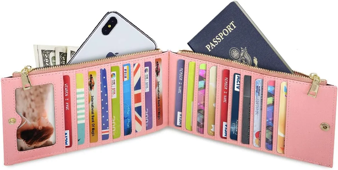 Womens RFID Blocking Large Capacity Wallet Multi Card Organizer Bifold Wallet for Women with Zipper Pocket