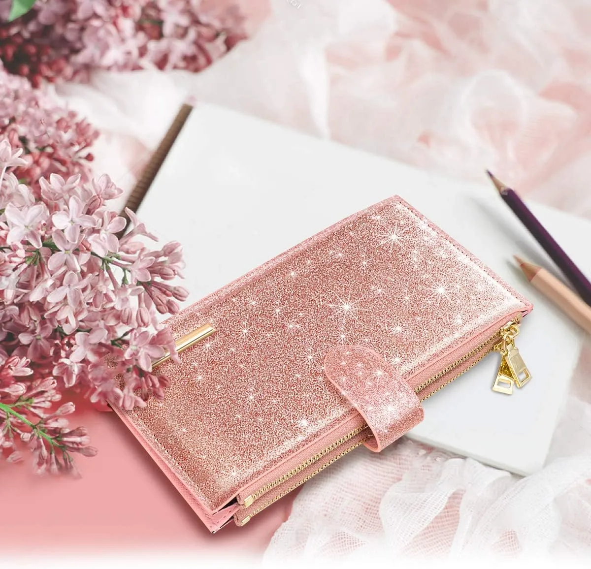 Womens RFID Blocking Large Capacity Wallet Multi Card Organizer Bifold Wallet for Women with Zipper Pocket