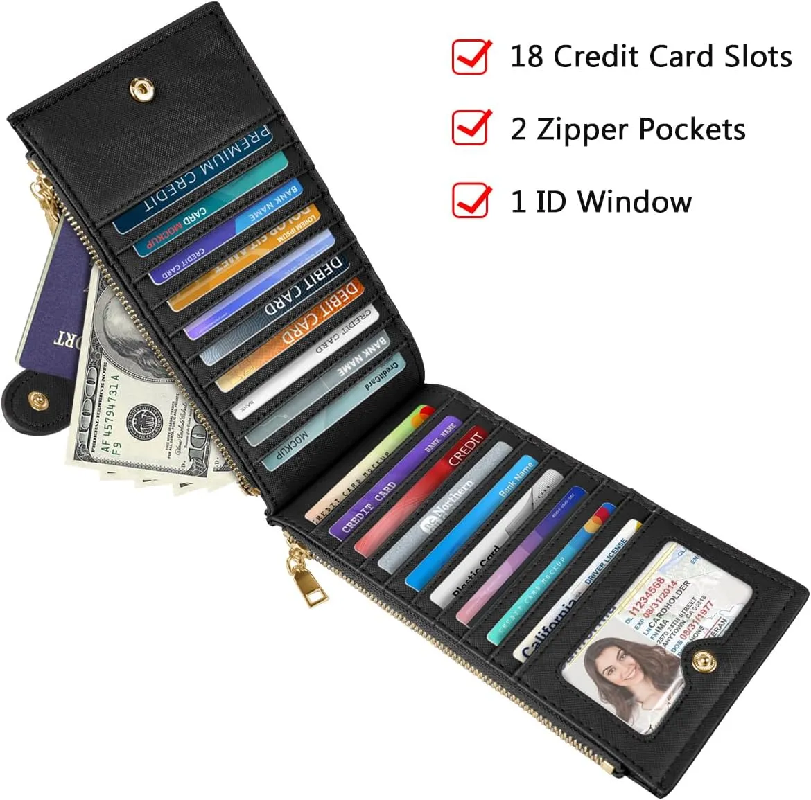 Womens RFID Blocking Large Capacity Wallet Multi Card Organizer Bifold Wallet for Women with Zipper Pocket