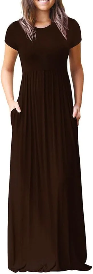 Women's Short Sleeve Split Maxi Dress Crewneck Tshirt Casual Plain Long Dresses Beach Basic Vacation Dresses Pockets