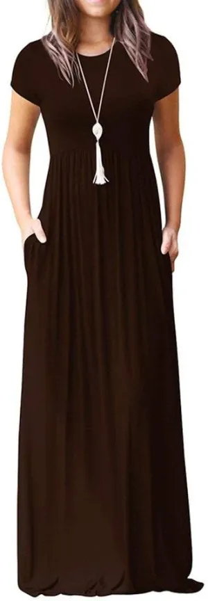 Women's Short Sleeve Split Maxi Dress Crewneck Tshirt Casual Plain Long Dresses Beach Basic Vacation Dresses Pockets