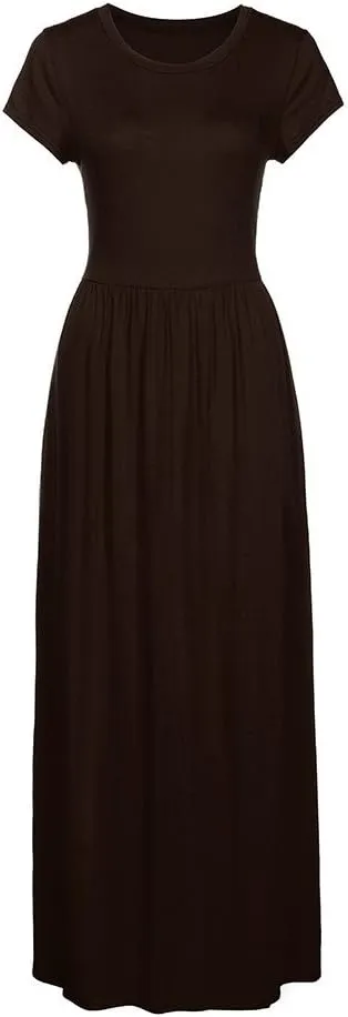 Women's Short Sleeve Split Maxi Dress Crewneck Tshirt Casual Plain Long Dresses Beach Basic Vacation Dresses Pockets