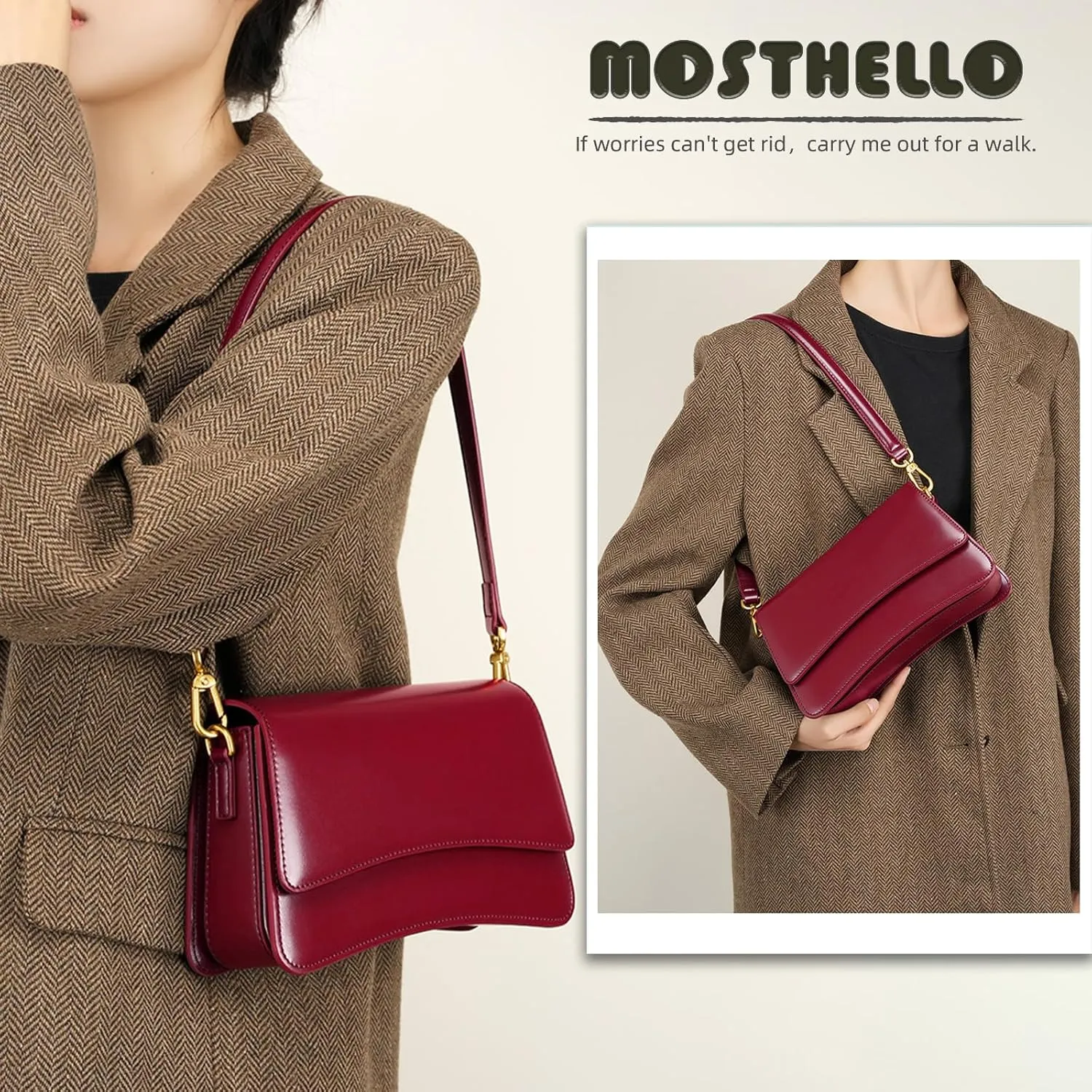women's shoulder bag, cowhide crossbody bag, vintage leather crossbody bag, armpit bag, adjustable strap bag