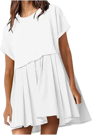 Womens Solid Cute Pleated Dress Patchwork Casual Short Sleeve Blouse Loose Oversized Summer Mini Dress Shirt Dress