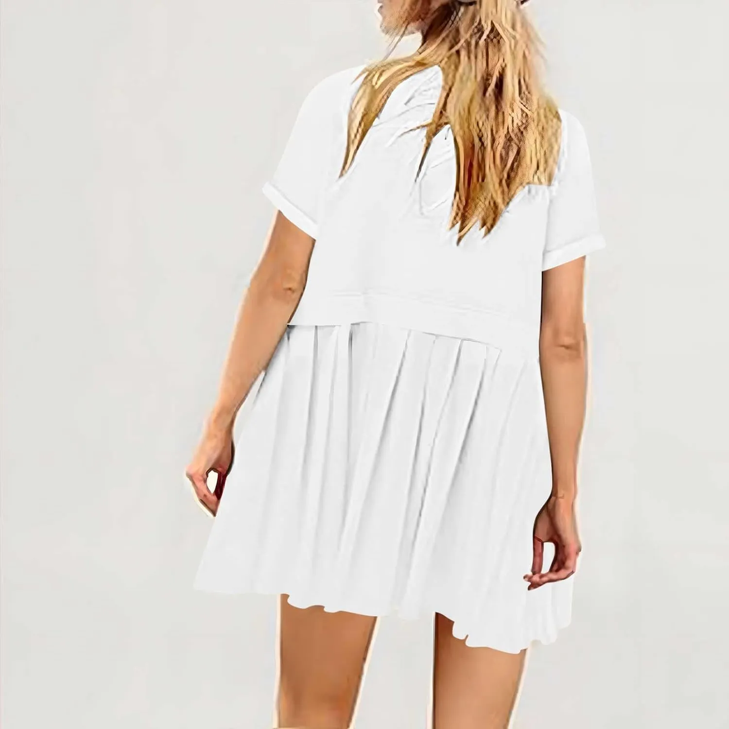 Womens Solid Cute Pleated Dress Patchwork Casual Short Sleeve Blouse Loose Oversized Summer Mini Dress Shirt Dress