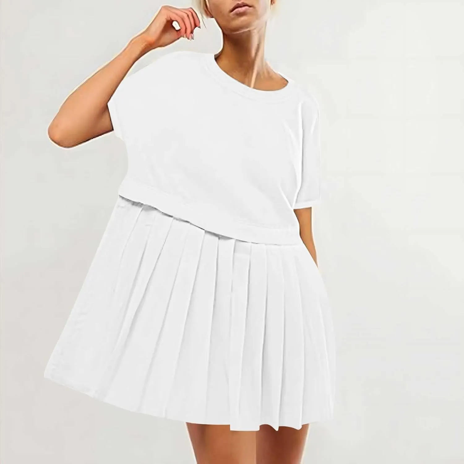Womens Solid Cute Pleated Dress Patchwork Casual Short Sleeve Blouse Loose Oversized Summer Mini Dress Shirt Dress