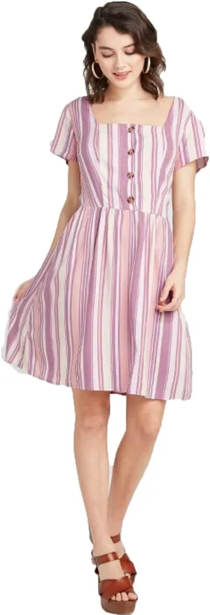 Women's Striped Short Sleeve Button-Front Mini Dress (Pink)
