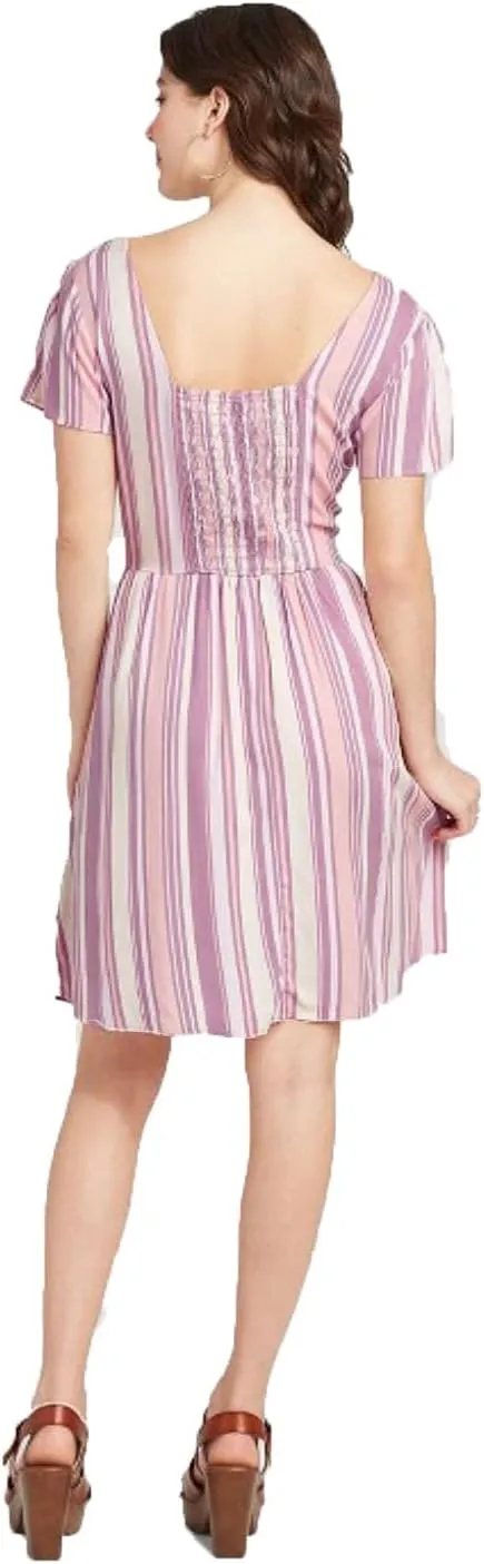Women's Striped Short Sleeve Button-Front Mini Dress (Pink)