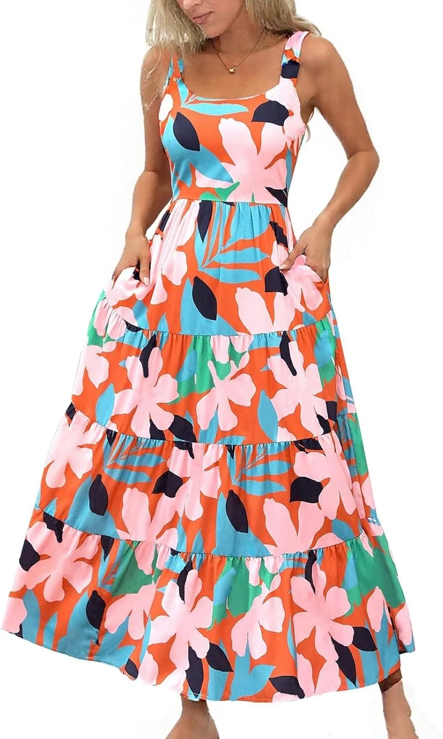 Women's Summer Floral Maxi Dress Sleeveless Smocked Ruffle Long Flowy Beach Vacation Boho Sundresses
