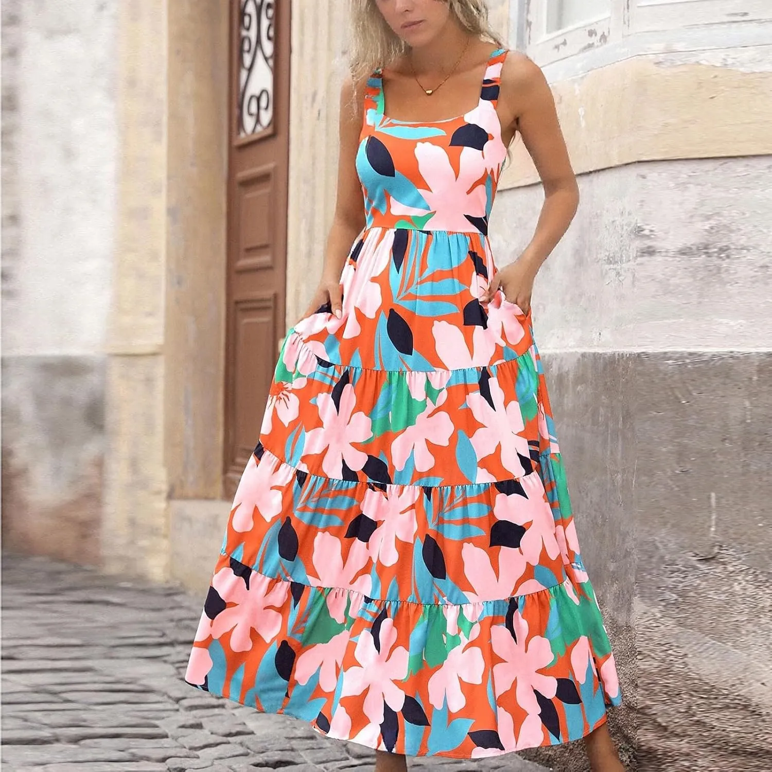Women's Summer Floral Maxi Dress Sleeveless Smocked Ruffle Long Flowy Beach Vacation Boho Sundresses