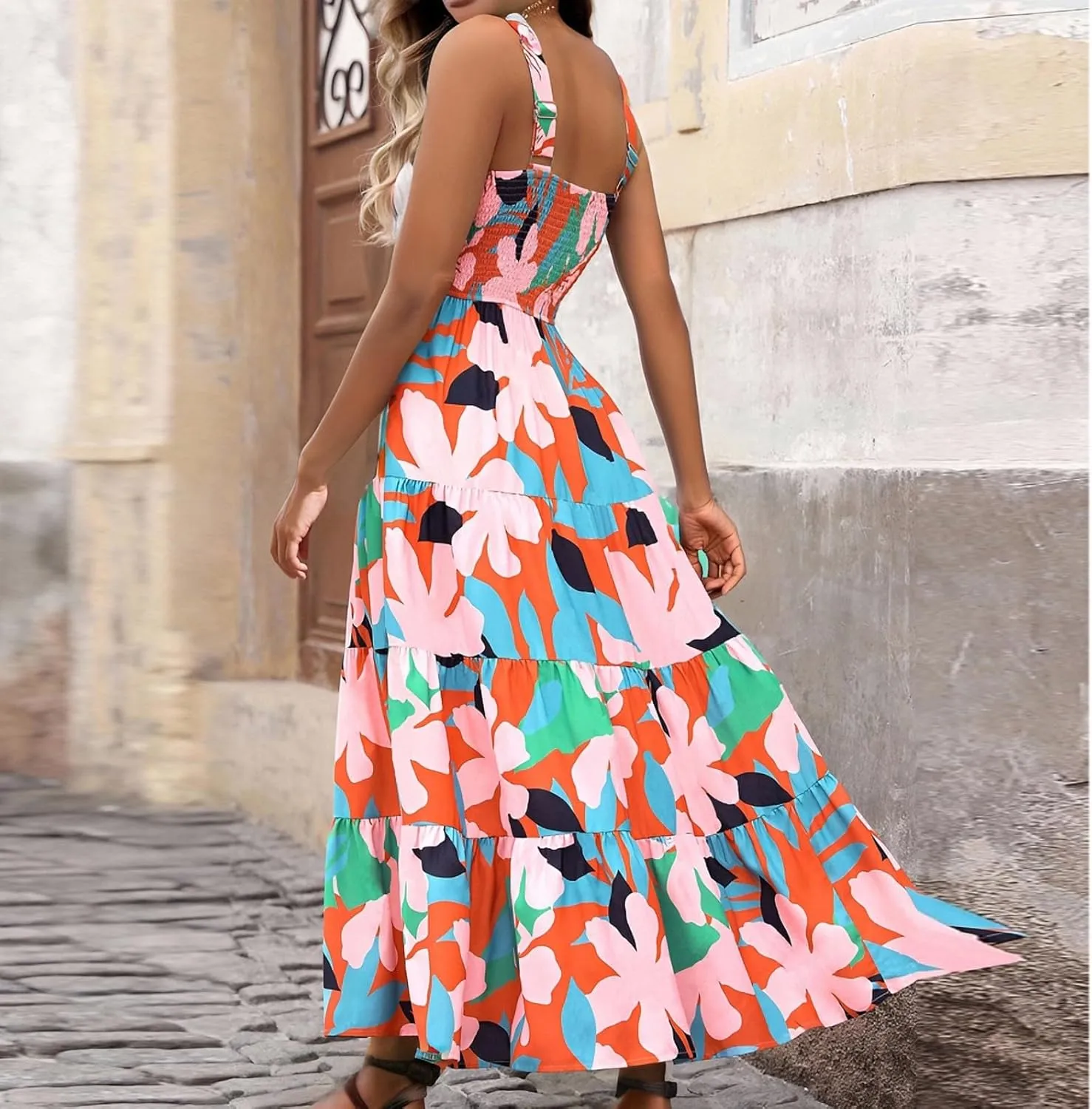 Women's Summer Floral Maxi Dress Sleeveless Smocked Ruffle Long Flowy Beach Vacation Boho Sundresses