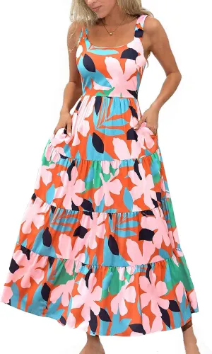 Women's Summer Floral Maxi Dress Sleeveless Smocked Ruffle Long Flowy Beach Vacation Boho Sundresses