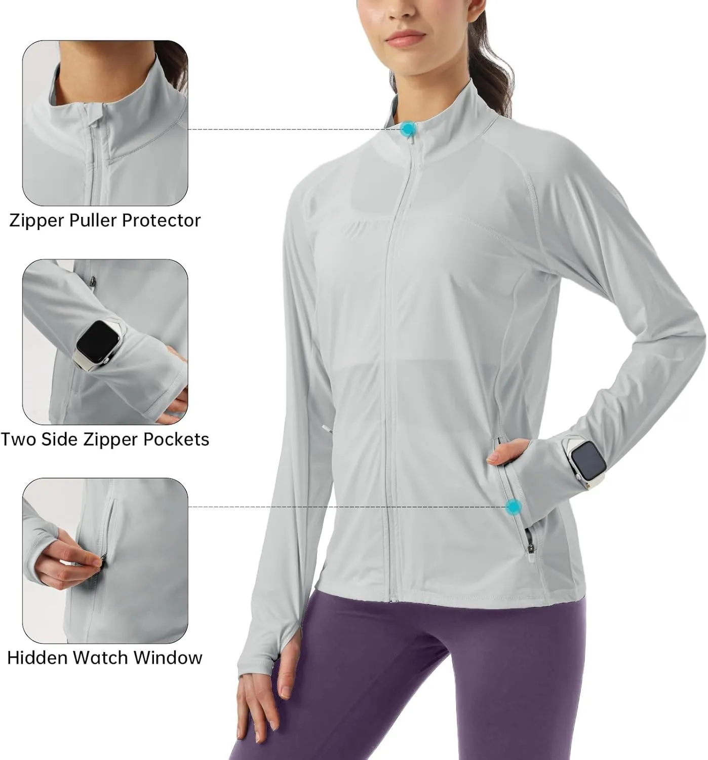 Womens Sun Protection Athletic Jackets UPF 50  Spf Lightweight Full Zip Up UV with Pockets Running No Hood