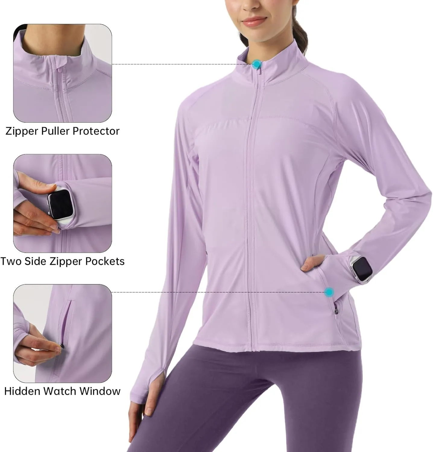 Womens Sun Protection Athletic Jackets UPF 50  Spf Lightweight Full Zip Up UV with Pockets Running No Hood