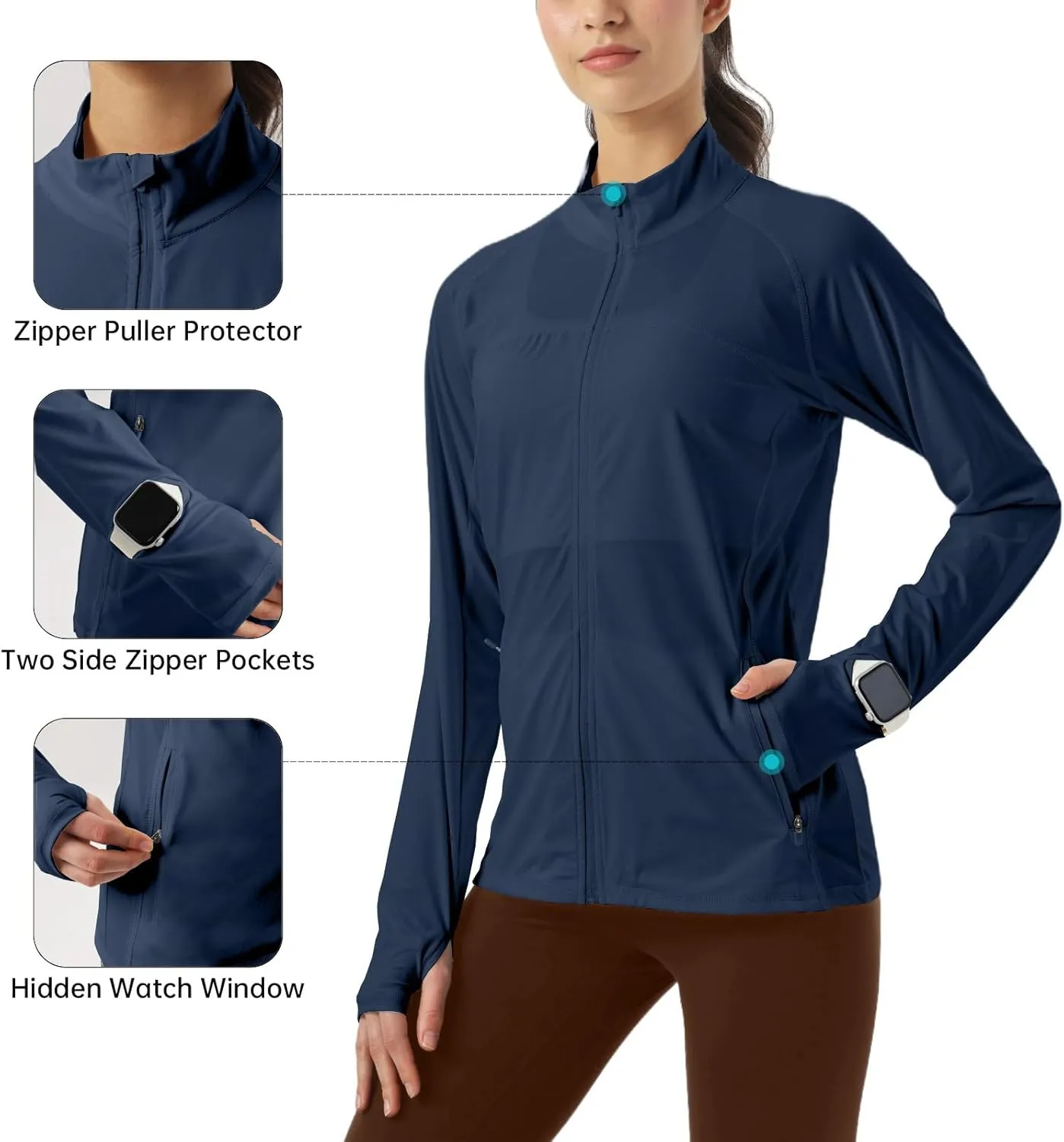 Womens Sun Protection Athletic Jackets UPF 50  Spf Lightweight Full Zip Up UV with Pockets Running No Hood