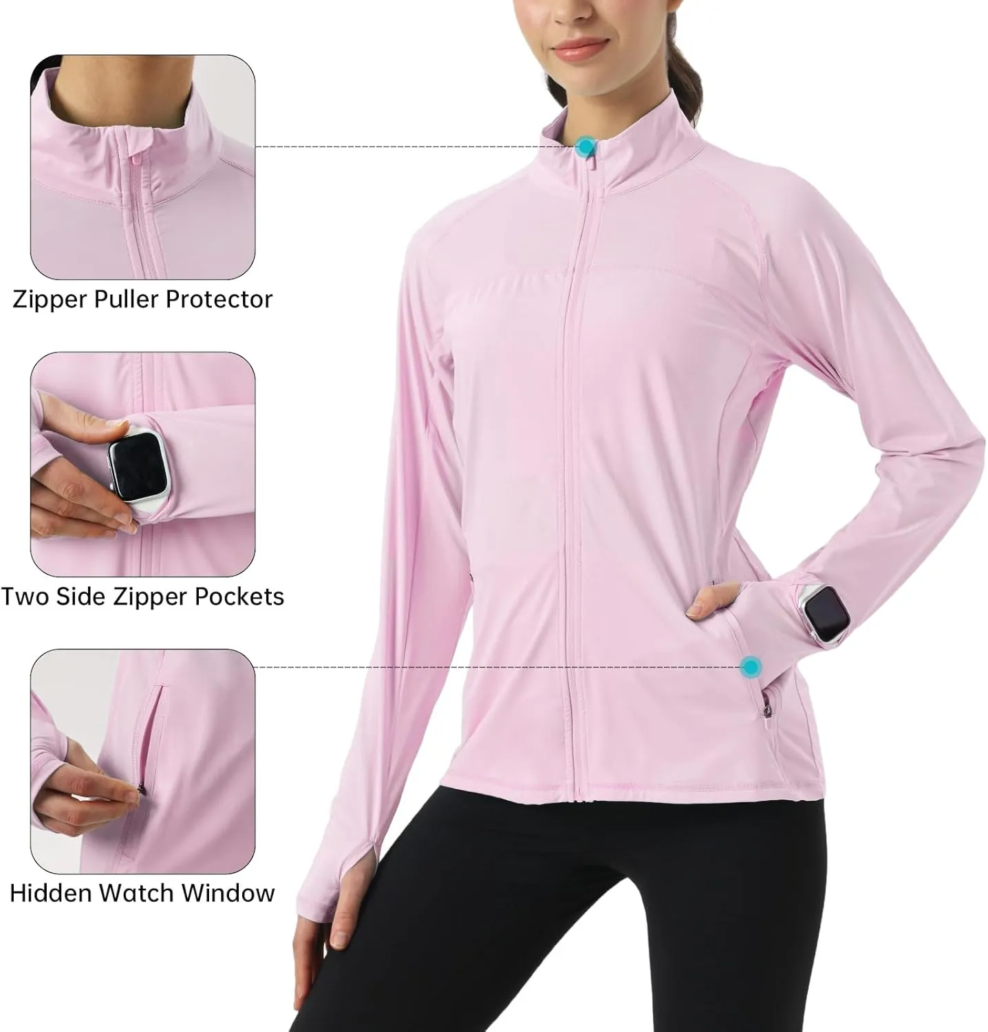 Womens Sun Protection Athletic Jackets UPF 50  Spf Lightweight Full Zip Up UV with Pockets Running No Hood